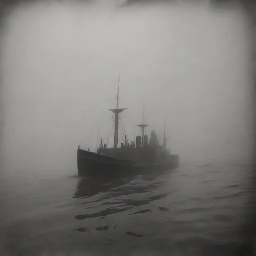 Prompt: Realistic grainy black and white photo from a 1940s arctic expedition Lovecraftian horror mysterious fog