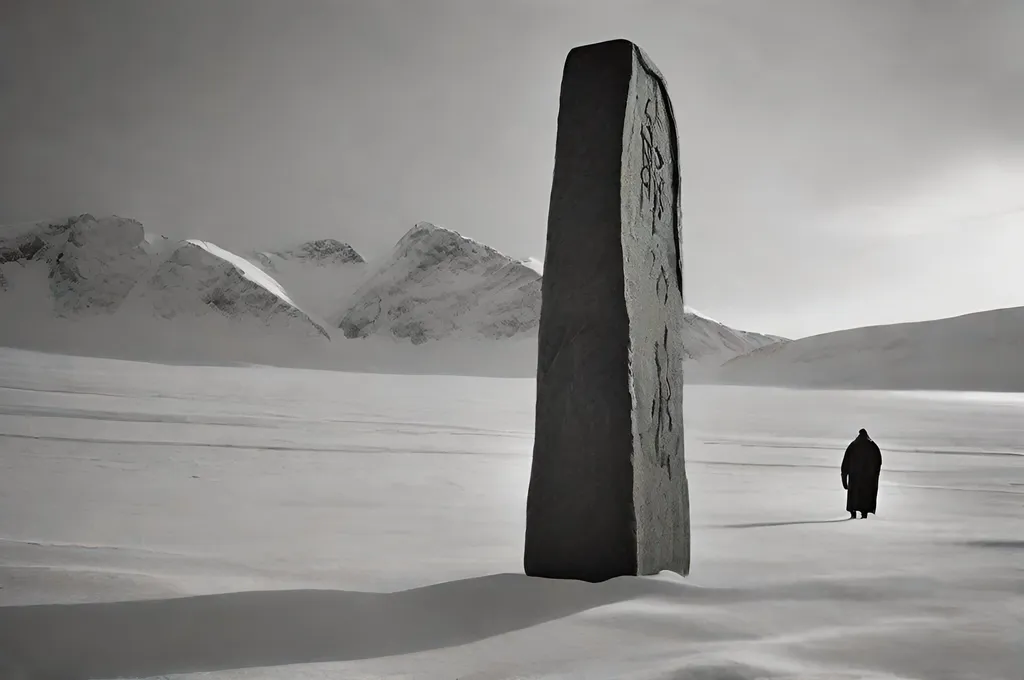 Prompt: Realistic grainy black and white photo from a 1940s arctic expedition Lovecraftian horror mysterious runestone