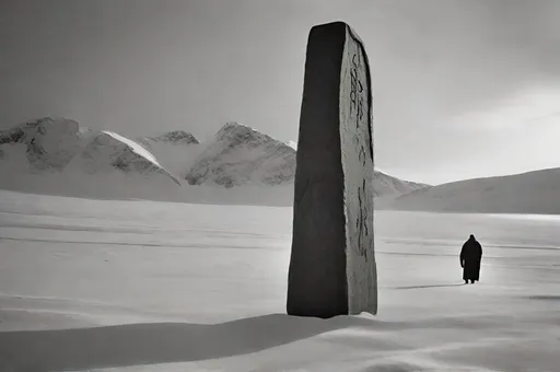 Prompt: Realistic grainy black and white photo from a 1940s arctic expedition Lovecraftian horror mysterious runestone
