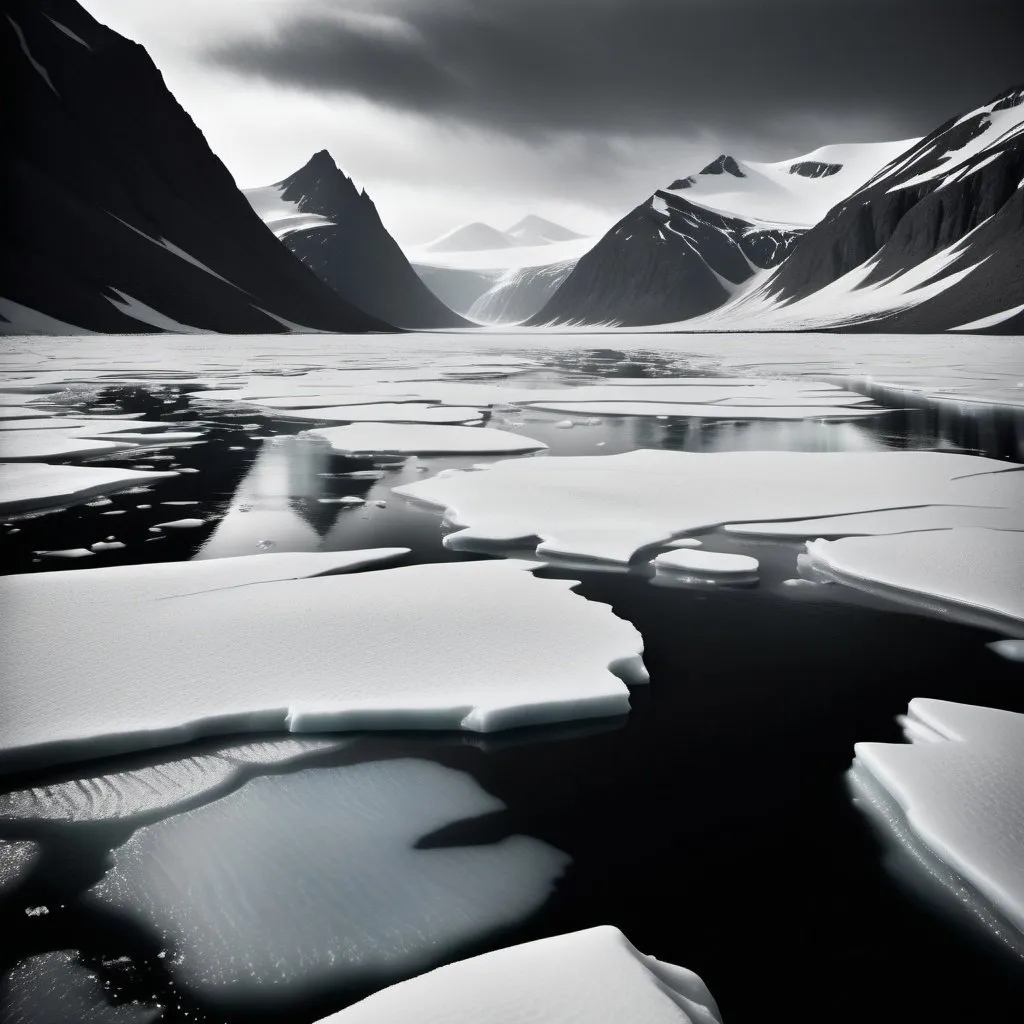 Prompt: Photorealistic, grainy black and white, 1940s arctic expedition, dark Lovecraftian horror mystery, eerie atmosphere, intense shadows, chilling dread, high quality, vintage, horror, mysterious, arctic, expedition, grainy texture, outdoors, ice fields, ice flows, glacier 