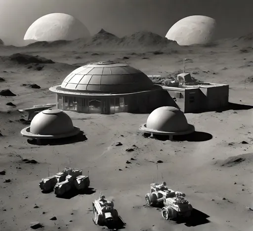 Prompt: Realistic grainy black and white photo military base on mars, moons in the sky 1950s