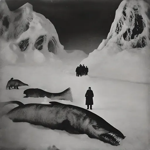Prompt: Realistic grainy black and white photo from a 1940s arctic expedition Lovecraftian horror