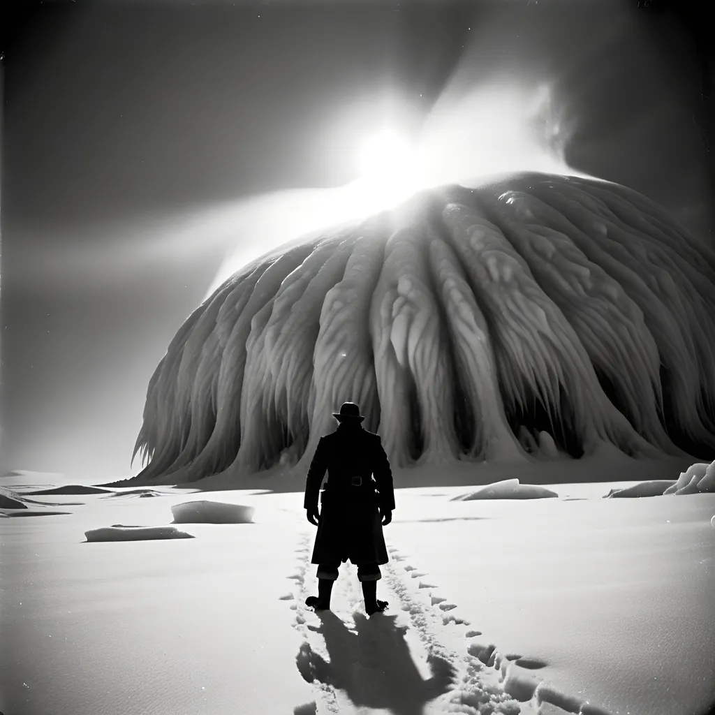 Prompt: Realistic grainy black and white photo from a 1940s arctic expedition dark Lovecraftian horror mysterious 