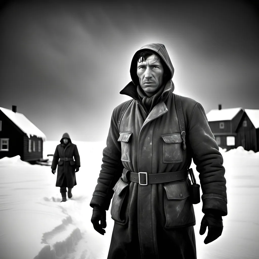 Prompt: Photorealistic, grainy black and white, 1940s arctic expedition, dark Lovecraftian horror mystery, eerie atmosphere, detailed characters, intense shadows, chilling dread, high quality, vintage, horror, mysterious, arctic, expedition, grainy texture, outdoors