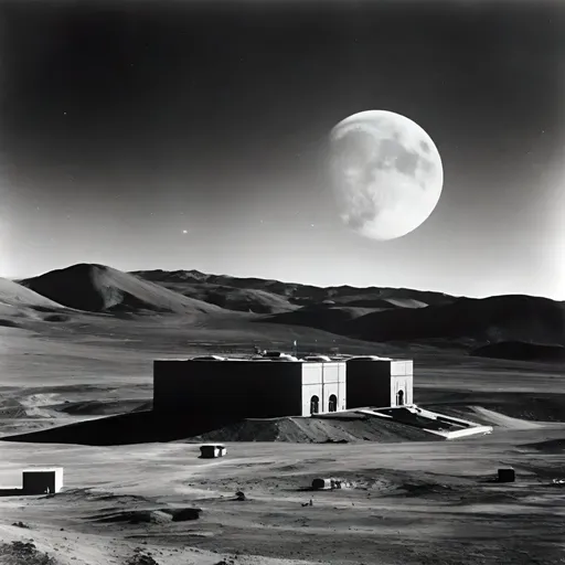 Prompt: Realistic grainy black and white photo Nazi base on the moon, earth in the sky 1950s