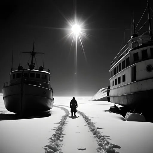 Prompt: Photorealistic, grainy black and white, 1940s arctic expedition, dark Lovecraftian horror mystery, eerie atmosphere, intense shadows, chilling dread, high quality, vintage, horror, mysterious, arctic, expedition, grainy texture, outdoors