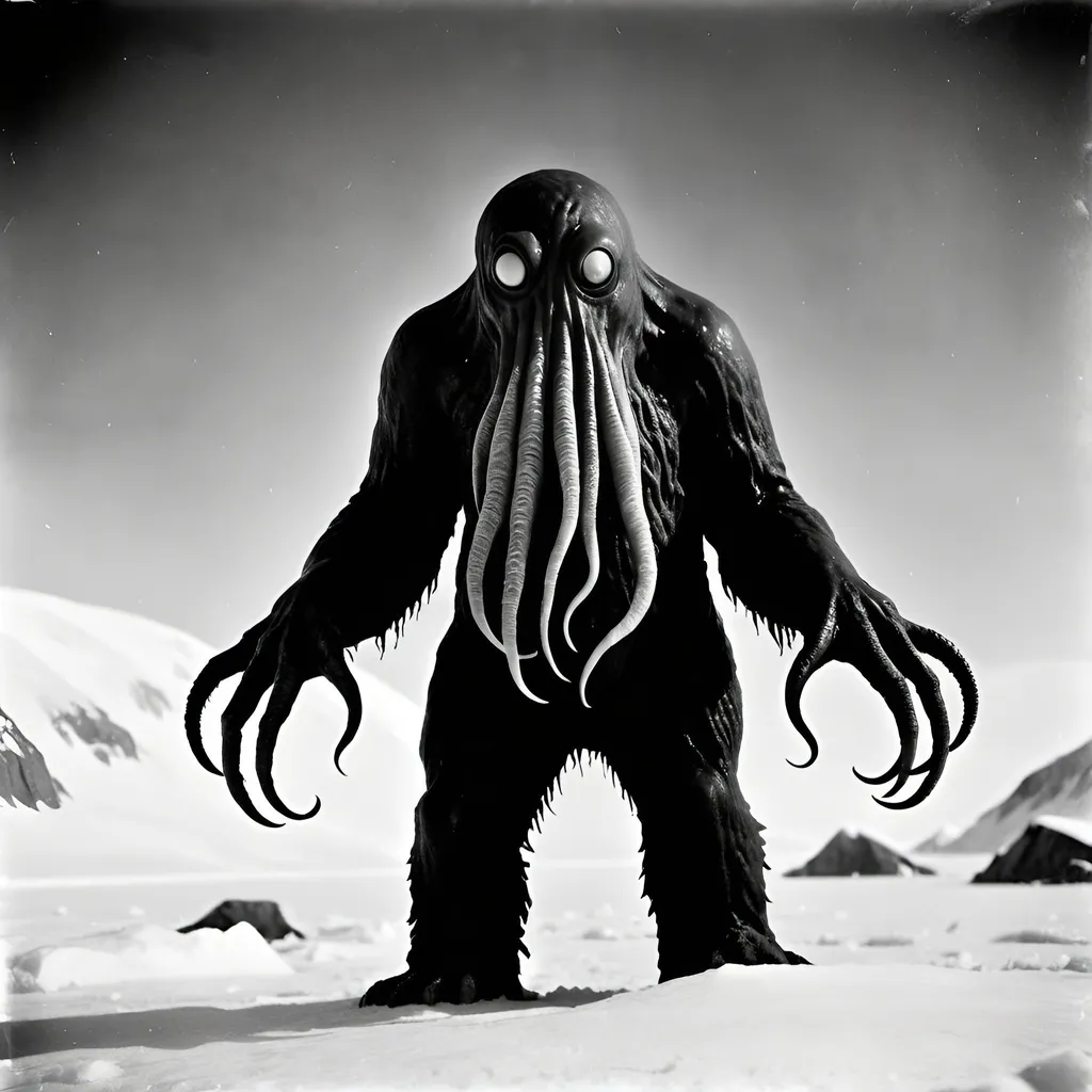 Prompt: Realistic grainy black and white photo from a 1940s arctic expedition dark Lovecraftian horror monster