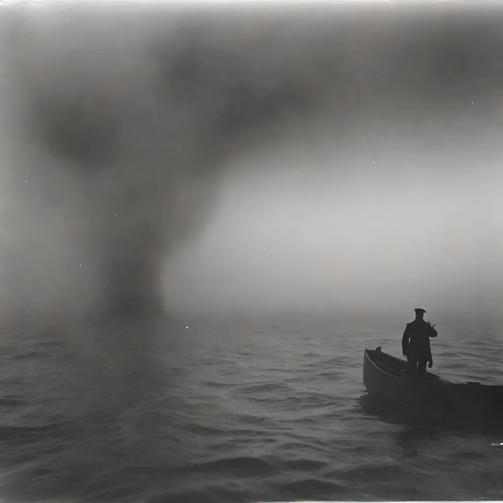 Prompt: Realistic grainy black and white photo from a 1940s arctic expedition Lovecraftian horror mysterious fog