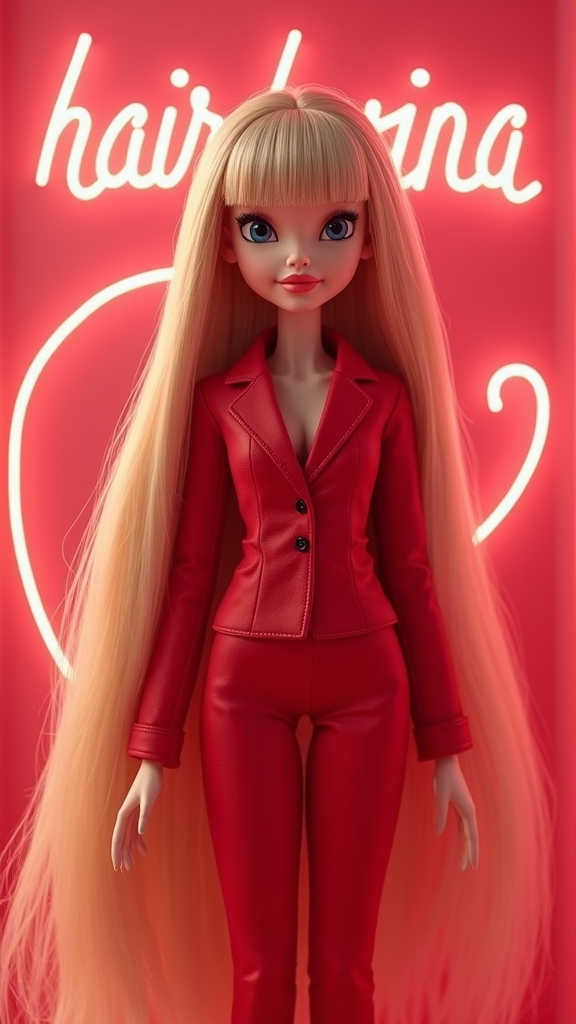 Prompt: 3 D cartoon style description:
3D doll - girl slender blonde with light beautiful hair, with bangs curtain, long hair, in a red separate full-length suit, slowly comes out of a beautiful partially transparent box like a Barbie doll. On the packaging for the doll on top of a bright inscription (check that it was without errors each letter and symbols were exactly) hair_le.vi.na Doll as much as possible similar to the girl in the style of cartoons Pixar studio with high detail of small details. 
The girl-doll when she comes out of the box moves to the camera. A section of hair remains in the box.
At the back on the background beautiful neon advertising inscription (check that it was without errors each letter and symbols were accurate): hair_le.vi.na