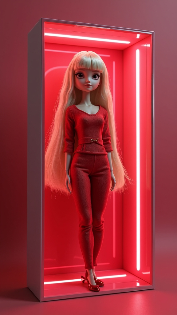 Prompt: 
3D doll - girl slender blonde with light beautiful hair, with bangs curtain, long hair, in a red separate full-length suit, slowly comes out of a beautiful partially transparent box like a Barbie doll. On the packaging for the doll on top of a bright inscription (check that it was without errors each letter and symbols were exactly) hair_le.vi.na Doll as much as possible similar to the girl in the style of cartoons Pixar studio with high detail of small details. 
The girl-doll when she comes out of the box moves to the camera. A section of hair remains in the box.
At the back on the background beautiful neon advertising inscription (check that it was without errors each letter and symbols were accurate): hair_le.vi.na