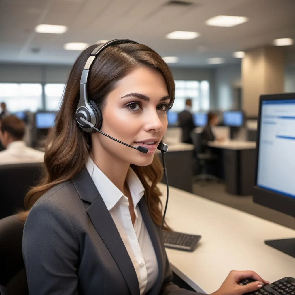 Prompt: (beautiful woman), wearing a modern phone headset, attentive expression, engaging with customers at a service desk, professional attire, sleek surroundings, warm lighting, focused ambiance, (ultra-detailed), capturing a moment of customer service interaction, meticulous details in the workspace, conveying professionalism and approachability.