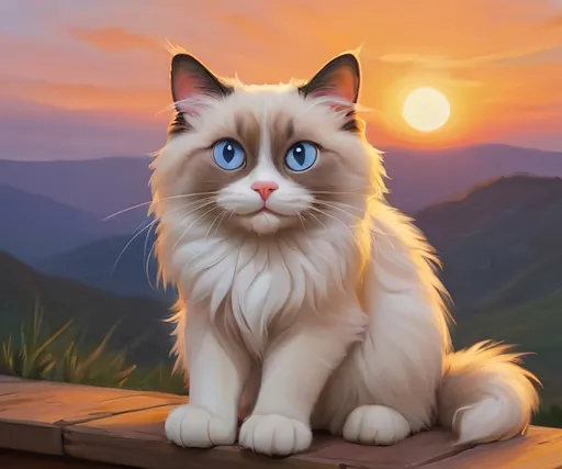 Prompt: Ragdoll cat, oil painting, sunset/sunrise, illustration marathon runner, good vibe, motivation, smile 