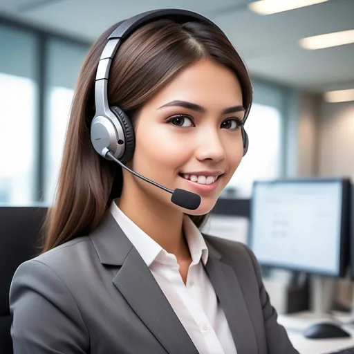 Prompt: (girl customer service) professional and approachable demeanor, engaging expression, wearing a sleek headset, modern office background with soft lighting, subtle color tones, (high quality) friendly atmosphere, ultra-detailed, vibrant accents, representing innovation and assistance, digitally illustrated profile picture, emphasizing communication and connectivity elements.