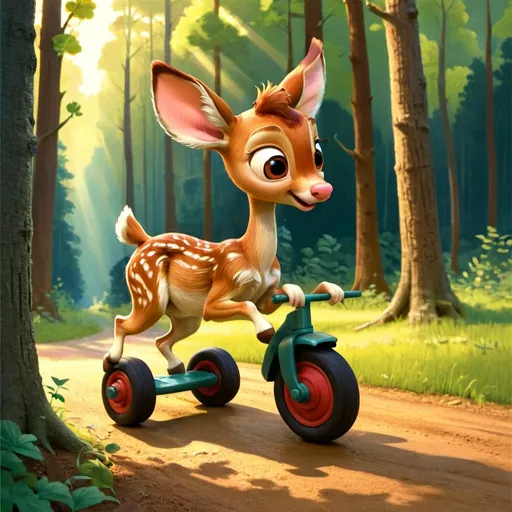 Prompt: A captivating illustration by Enoch Bolles that captures a heartwarming cinematic moment of a newly-born fawn, with its delicate legs wobbling, attempting to ride a charming, slightly oversized tricycle. Set in a whimsical forest with towering trees and dappled sunlight, the richly detailed and evocative scene embodies the fawn's journey of discovery and growth. This enchanting painting invites viewers to immerse themselves in a world of wonder and adventure, evoking emotions of innocence and curiosity., painting, cinematic