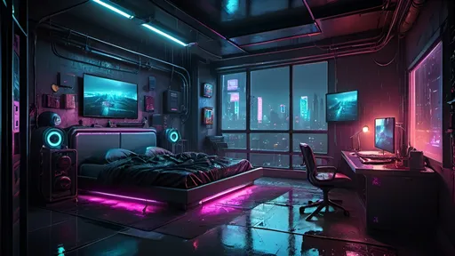 Prompt: (futuristic cyberpunk bedroom), neon lights, glowing computer screens, (industrial design), pipes and wires on the walls, (dim lighting), rainy city outside the window, rain on the window glass, retro technology, (photorealistic), high detail, cinematic lighting, evocative atmosphere, reflections on surfaces, vibrant yet moody color palette, immersive scene.