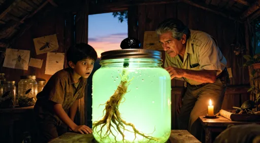 Prompt: Hut interior, boy and uncle mayan man with 1985 clothes, leaning over large jar, dim candlelight, suspenseful atmosphere, cinematic realism, tense composition. There is a black thing, at the top of the root in the jar.