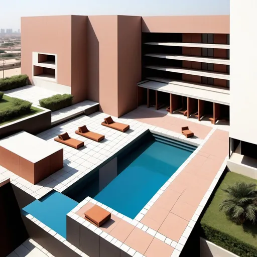 Prompt: modern landscape , pool ,modern in frint of a building of 10 floors , tiling with joints , landscape , hardscape , eduardo souto de moura , Senegal background , Isometrical view , 350 sqm of landscape and hardscape and pool , sitting areas , Pegolas , Bar inner Pool