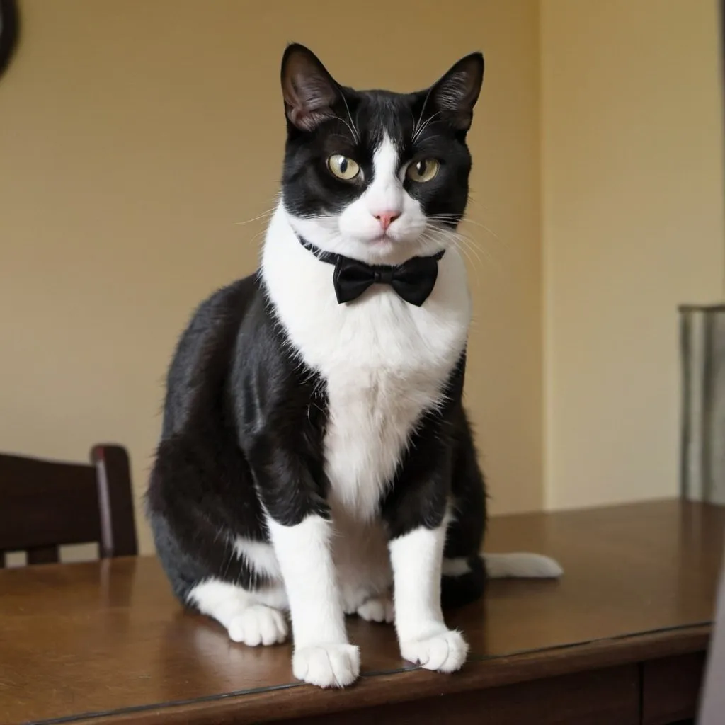 Prompt: A tuxedo cat sits on a table