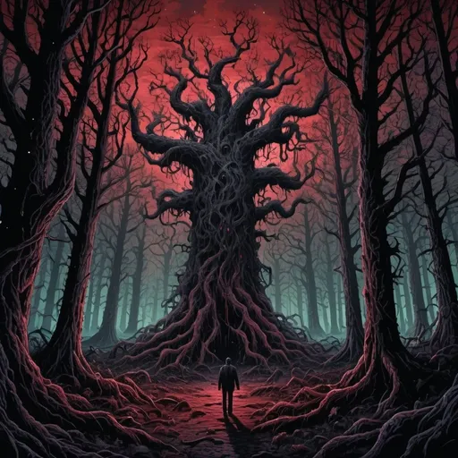 Prompt: Ultra-realistic cosmic horror illustration of a dark forest of hundreds walking trees, black and red sky, lovecraftian horror, pixel art, hyper-detailed, liminal space, void, creepy atmosphere, decay, space, eerie lighting, detailed bark textures, haunting atmosphere, haunting, eerie, haunting forest, creepy pixel art, unsettling, otherworldly, hyperrealistic, cosmic horror, weightless, supernatural, void, decaying, dripping upwards, twisted branches and roots, horror, mesmerizing, mesmerizing, hyper-detailed, unsettling, lovecraftian, cosmic, mysterious, unsettling, pixel art