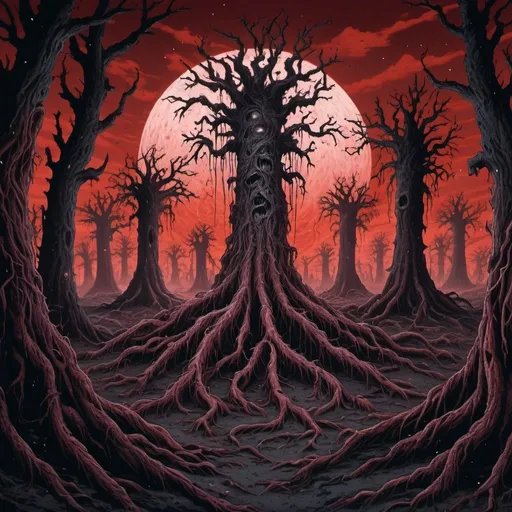 Prompt: Ultra-realistic cosmic horror illustration  of hundreds of dead trees walking on legs made of roots in a herd, black and red sky, lovecraftian horror, pixel art, hyper-detailed, liminal space, void, creepy atmosphere, decay, space, eerie lighting, haunting atmosphere, haunting, eerie, haunting forest, creepy pixel art, unsettling, otherworldly, hyperrealistic, cosmic horror, weightless, supernatural, void, decaying, liquids dripping upwards, twisted branches and roots, horror, mesmerizing, mesmerizing, hyper-detailed, unsettling, lovecraftian, cosmic, mysterious, unsettling, pixel art