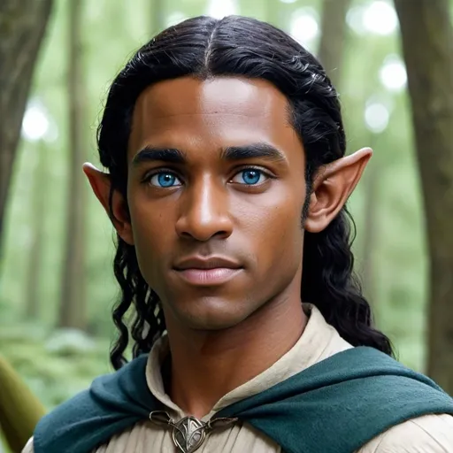 Prompt: elf like in lord of the rings with blue eyes, black hair and brown skin