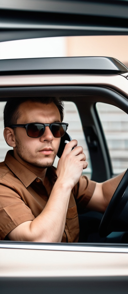 Prompt: a man in a car wearing sunglasses and a brown shirt is looking at the camera and is on the phone, Andrei Kolkoutine, plasticien, sunglasses, a picture