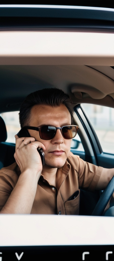 Prompt: a man in a car wearing sunglasses and a brown shirt is looking at the camera and is on the phone, Andrei Kolkoutine, plasticien, sunglasses, a picture