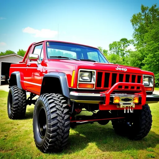 Prompt: A LIFTED, RED, 1988 JEEP COMANCHE  TRUCK WITH A RED ROLLBAR, AND BUSHWACKER FENDER FLARES
