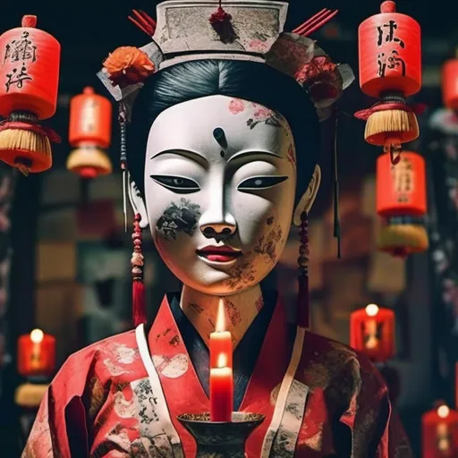 Prompt: a terrifying paper effigy asian girl positioned in the center of the image, featuring a twisted face and dark eyes. The paper effigy's attire should appear old and tattered, predominantly in dark red and black colors to create a sinister atmosphere. The background is set in a Malaysian Chinese funeral ceremony, surrounded by offerings and paper offerings, with dim candlelight to enhance the mysterious ambiance. The lighting is dark, emphasizing the eerie atmosphere surrounding the paper effigy.