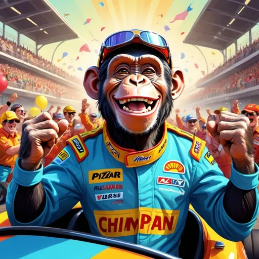 Prompt: Pixar-style illustration of a triumphant chimpanzee race car driver, vibrant and colorful, celebratory victory toast, high-quality, detailed fur, joyful expression, racing suit with sponsors, animated, cartoon, vibrant colors, enthusiastic celebration, professional lighting