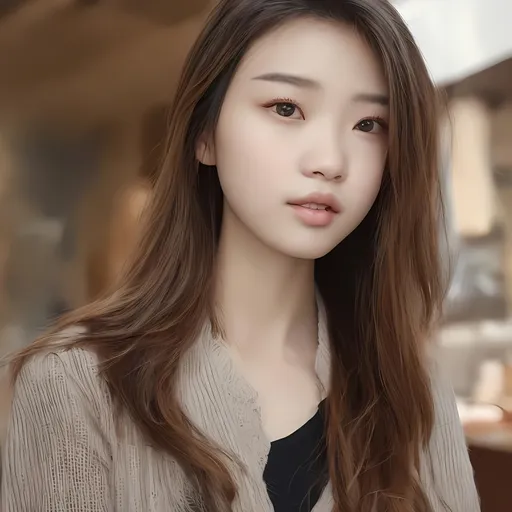 Prompt: East asian girl with smooth fair skin, a diamond face shape, long, soft, wavy, light brown hair and large light brownish amber eyes. 1080P HD No errors. . 