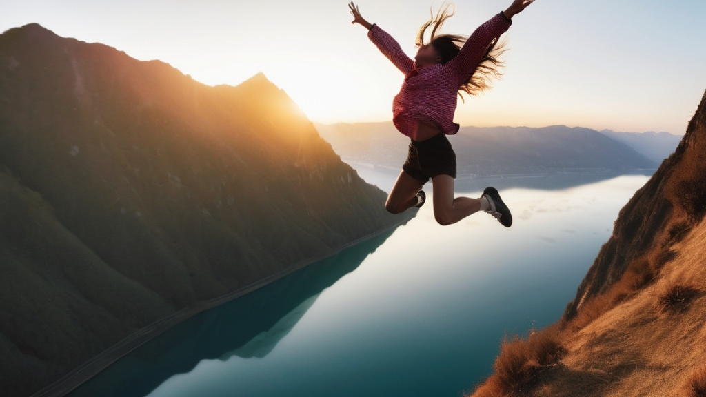 Prompt: Woman happily jumping of a mountain Cliff into water from far away and photo taken from further away, around mountains during sun rise
