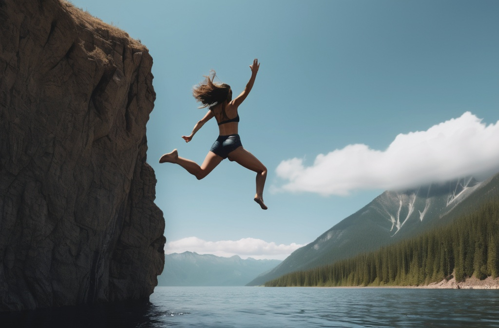 Prompt: Woman jumping of a mountain Cliff into water from far away