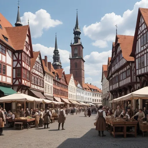 Prompt: can you give me a scene of a busy Town square the town of strasburg in the year 1518