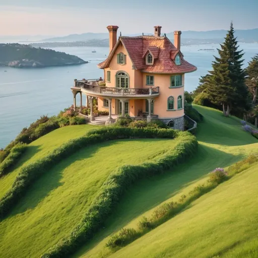 Prompt: a fairytale house on top of a green hill with views of the Bay
