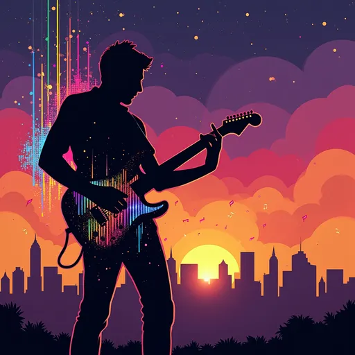 Prompt:  Create a silhouette artwork of a musician passionately playing an electric guitar, set against a vibrant city skyline at dusk. The musician's silhouette is filled with a colorful pattern of sound waves radiating outward, symbolizing music's infectious energy. The sky transitions from deep purple to orange, speckled with stylized stars and musical notes. Use a bold color palette that contrasts dark silhouettes with vibrant hues, capturing the exhilarating essence of a lively music scene.