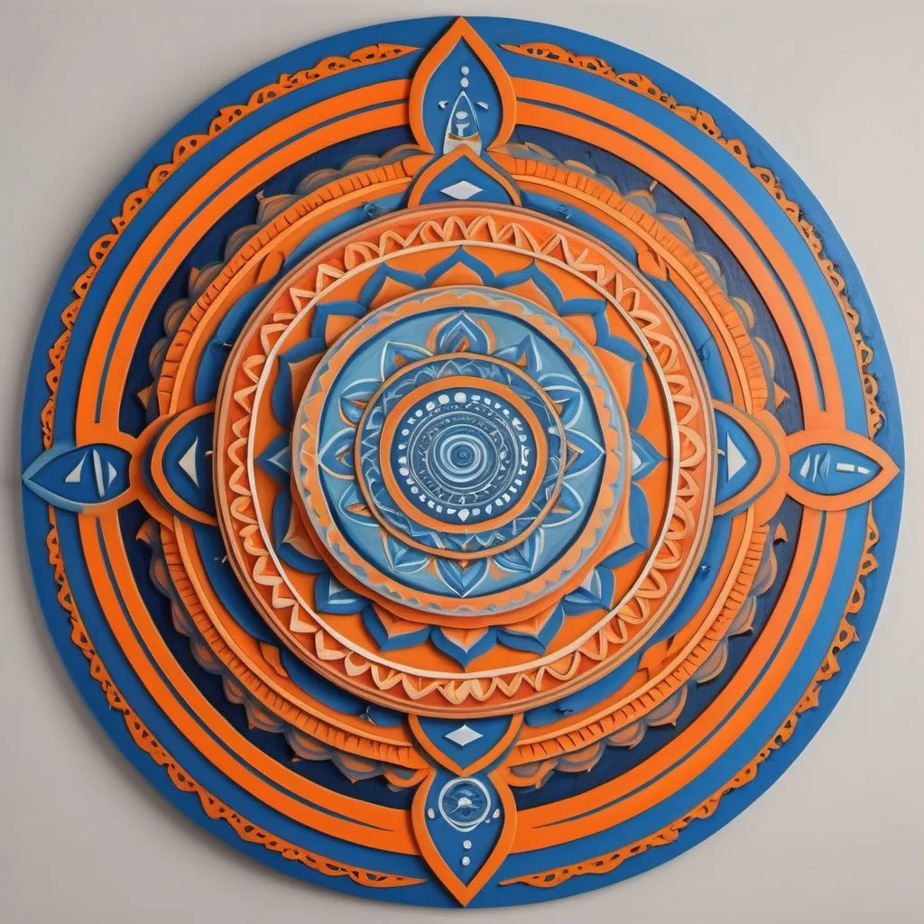 Prompt: mandala art in a circle describing a nice person blue and orange symbols of sports inside 