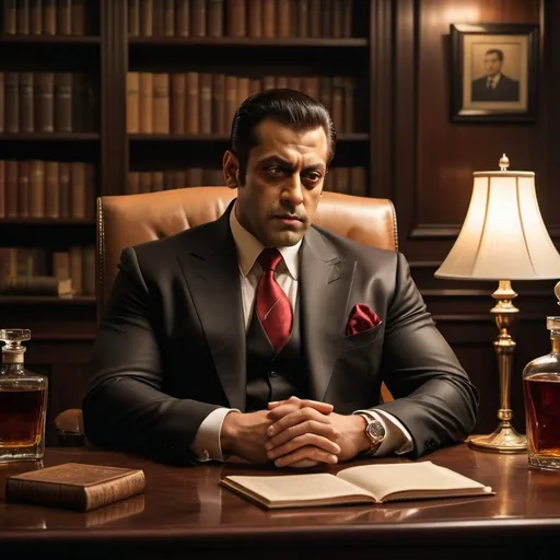 Prompt: "Create an image of SALMAN KHAN, imposing Indian mafia don in a setting inspired by the world of 'The Godfather.' The character is a muscular man in his mid-50s with a stern, commanding presence. He has a neatly groomed beard, sharp facial features, and intense eyes that reflect years of power and wisdom. He wears a tailored black three-piece suit with a blood-red tie and a white pocket square. The setting is a luxurious, dimly-lit office with dark wood paneling, leather furniture, and a large oak desk in front of him. Behind the desk, a bookshelf filled with old books and a glass cabinet displaying expensive liquor bottles. The atmosphere is tense, with an air of authority and control, as the character leans back in his chair, one hand resting on the desk, and the other holding a glass of whiskey. A subtle golden glow from a table lamp illuminates his face, highlighting his determined expression.