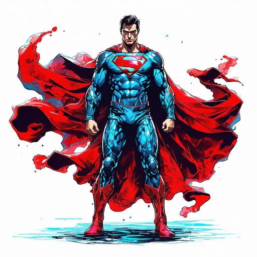 Prompt: Full body epic concept sketch of Superman wearing a cosmic inter-dimensional suit emitting Godly bright blue light ice sheen, melted red alien 'S' melted iconic emblem, flesh tone face and hands, peak of human evolution, full-body sketch, floating in space, ultra-detailed, epic artstyle, cosmic tones, powerful lighting, drawn by Yoji Shinkawa