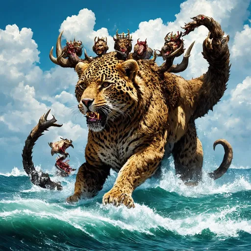 Prompt: The Beast from the Sea appears in Revelation 13:1-10. It rises out of the sea, having seven heads and ten horns, with ten crowns on its horns and blasphemous names on its heads.
It resembles a leopard but has feet like a bear and a mouth like a lion. One of its heads appears to have a mortal wound, but this wound is healed, causing the world to marvel and follow the beast.
