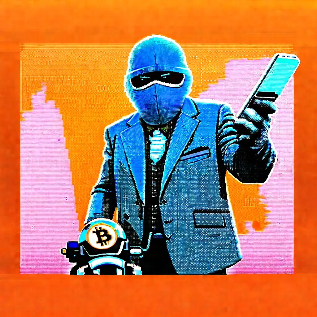 Prompt: orange digital glitch background, epic digital glitch art featuring very badly drawn bank robber in a gray suit wearing balaclavas with metallic chrome motorcycle helmets holding mobile phones as gun stealing bitcoin drawn by mentally ill artist with psychosis art should reflect that, with glitches, muted pastel background 1990s