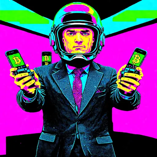 Prompt: Epic NFT digital glitch art of a badly drawn bank robber in a gray suit and metallic chrome motorcycle helmets, holding mobile phones as guns, stealing bitcoin, with a distorted and glitched appearance, low-resolution, vaporwave style, psychotic art, futuristic, glitchy aesthetic, colorful glitches, surreal composition, distorted features, mental illness art, epic NFT, digital, badly drawn, bank robber, chrome helmets, mobile phones as guns, stealing bitcoin, glitched appearance, low-resolution, vaporwave style, futuristic, glitchy aesthetic, colorful glitches, surreal, distorted features, mental illness art, psychotic, surreal, distorted, vibrant colors, neon lighting