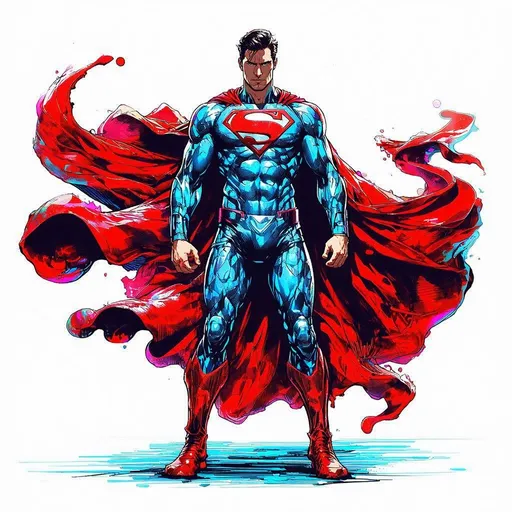 Prompt: Full body epic concept sketch of Superman wearing a cosmic inter-dimensional suit emitting Godly bright blue light ice sheen, melted red alien 'S' melted iconic emblem, flesh tone face and hands, peak of human evolution, full-body sketch, floating in space, ultra-detailed, epic artstyle, cosmic tones, powerful lighting, drawn by Yoji Shinkawa