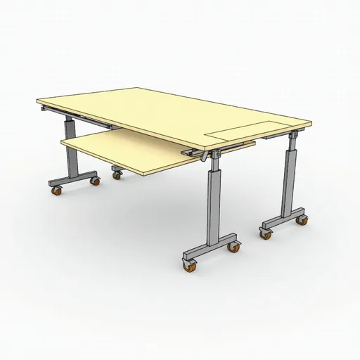 Prompt: A detailed CAD drawing of a merged_adjustable_desk_with_pullout_and_wheels.