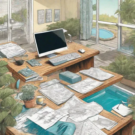 Prompt: illustration of a home office desk covered in backyard swimming pool drawings