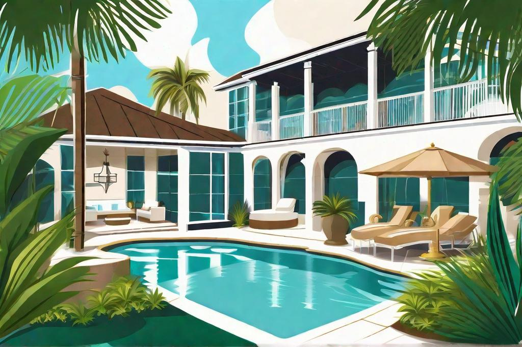 Prompt: illustration luxury landscaped florida backyard swimming pool and spa oasis