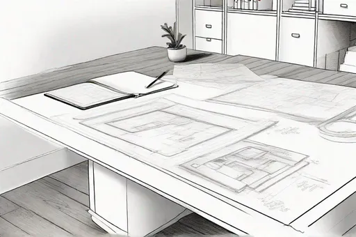Prompt: sketch of close up of home office desk covered in pool construction plans