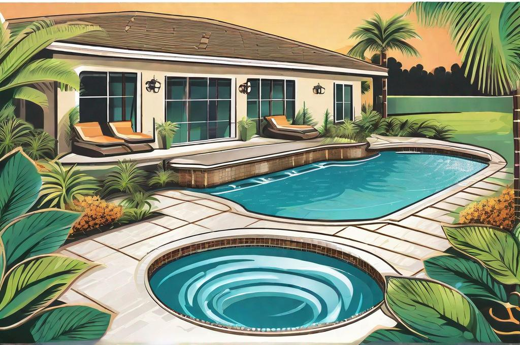 Prompt: illustration luxury landscaped florida backyard swimming pool and spa oasis