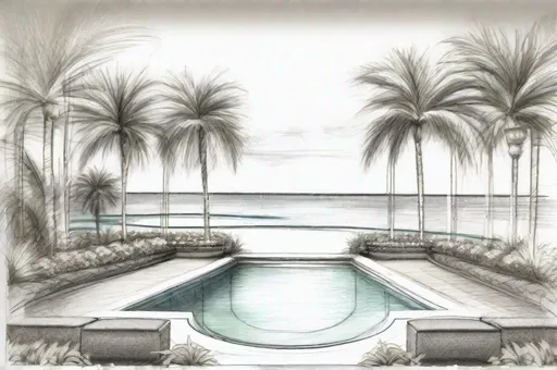 Prompt: sketch of luxury landscaped florida beachside swimming pool and spa oasis