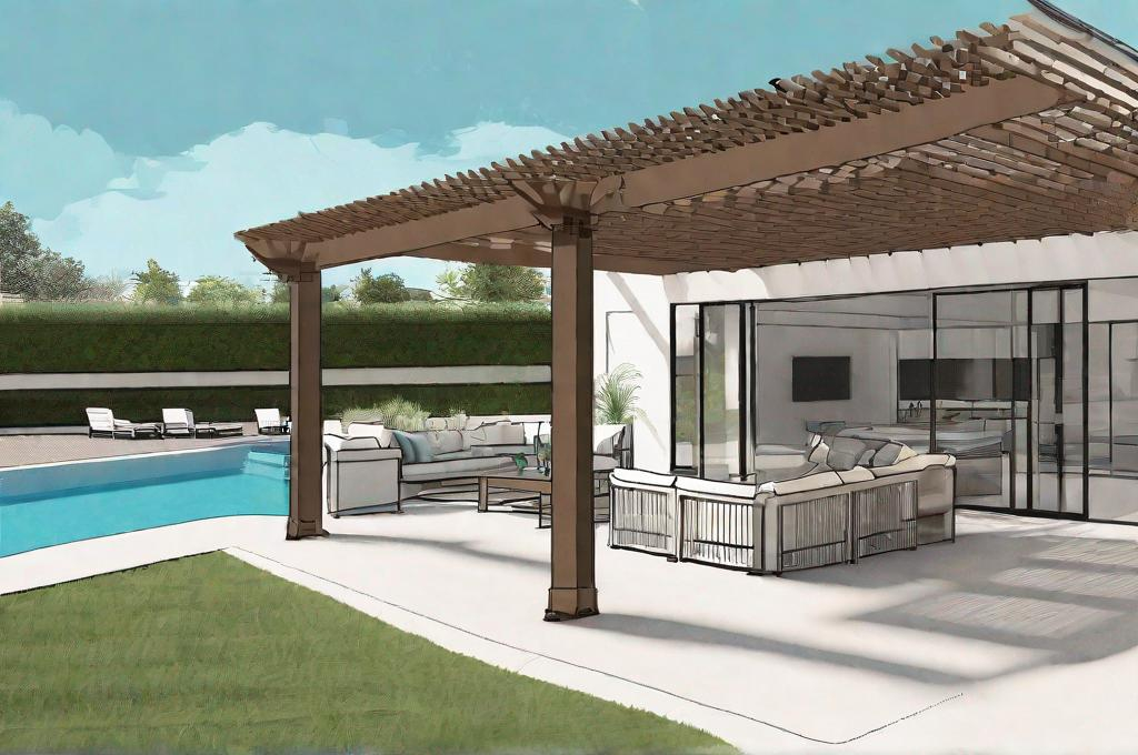 Prompt: illustration  of outdoor entertainment area with pool and pergola